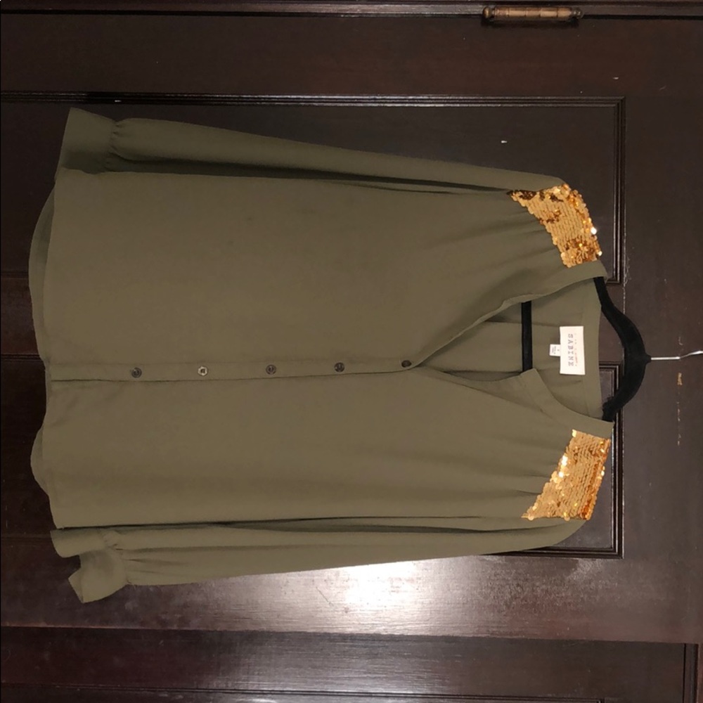 Olive Green button down w/ Gold sequin, Sabine, S